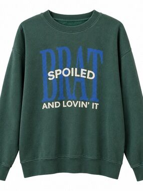 Spoiled Green Sweater with Blue and Cream Graphics